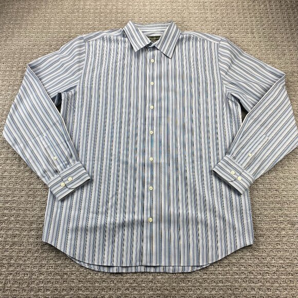 Eddie Bauer Shirt Men L Tall Slim Fit Blue White Gray Striped Wrinkle Resistant - Picture 1 of 9